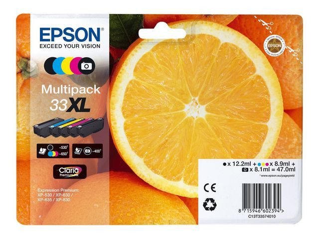Epson 33XL BK/PBK/C/M/Y (svart/foto sort/cyan/magenta/gul) blekkpatroner 5-pakk 1 x 12,2 ml / 1x 8,1 ml/ / 4 x 8,+ ml
