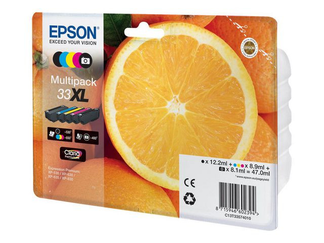 Epson 33XL BK/PBK/C/M/Y (svart/foto sort/cyan/magenta/gul) blekkpatroner 5-pakk 1 x 12,2 ml / 1x 8,1 ml/ / 4 x 8,+ ml