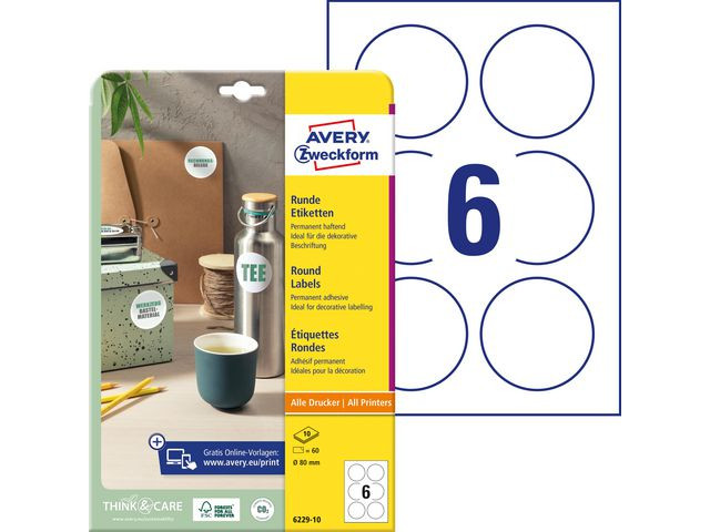 BildeEtikett AVERY papper Ø80mm vit 60/fp