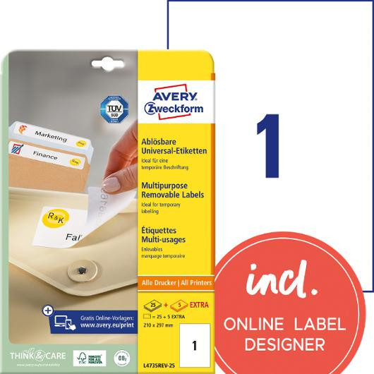 BildeEtikett AVERY avtagb 210x297mm 30/fp