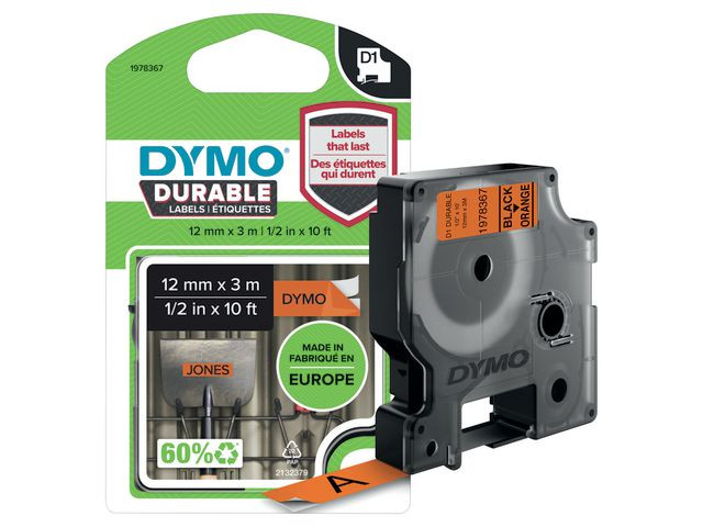 BildeTape DYMO Durable D1 12mm svart på ora.