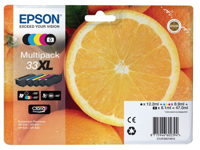 BildeEpson 33XL BK/PBK/C/M/Y (svart/foto sort/cyan/magenta/gul) blekkpatroner 5-pakk 1 x 12,2 ml / 1x 8,1 ml/ / 4 x 8,+ ml