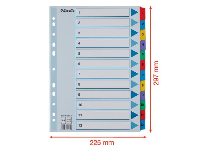 Kartongregister m. plastfl. A4 1-12 färg