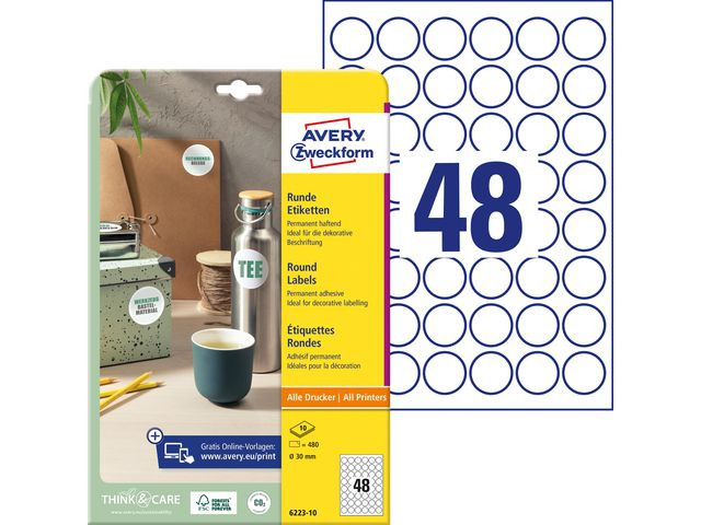 Etikett AVERY papper Ø30mm vit 480/fp