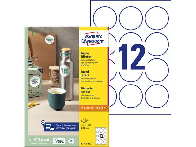 Etikett AVERY avtagb rund 60mm 1200/fp