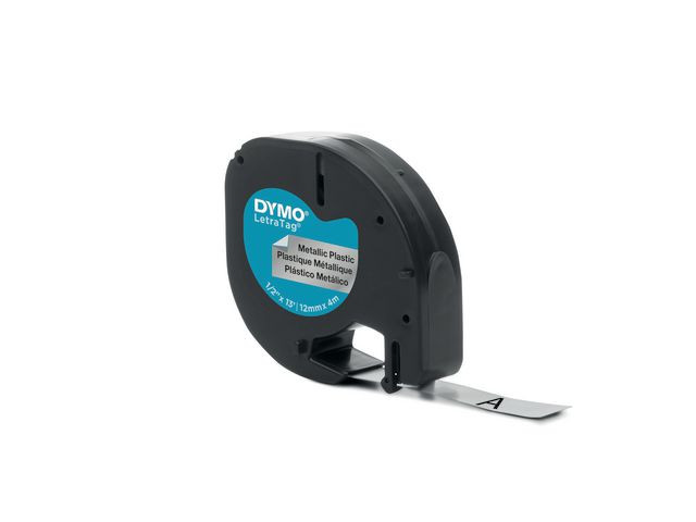 Tape LetraTag metall 12mm svart på silv.