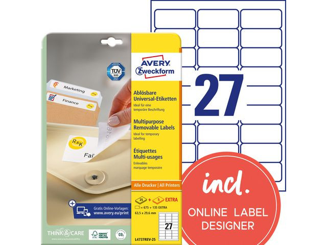 Etikett AVERY avtagb 63,5x29,6mm 675/fp
