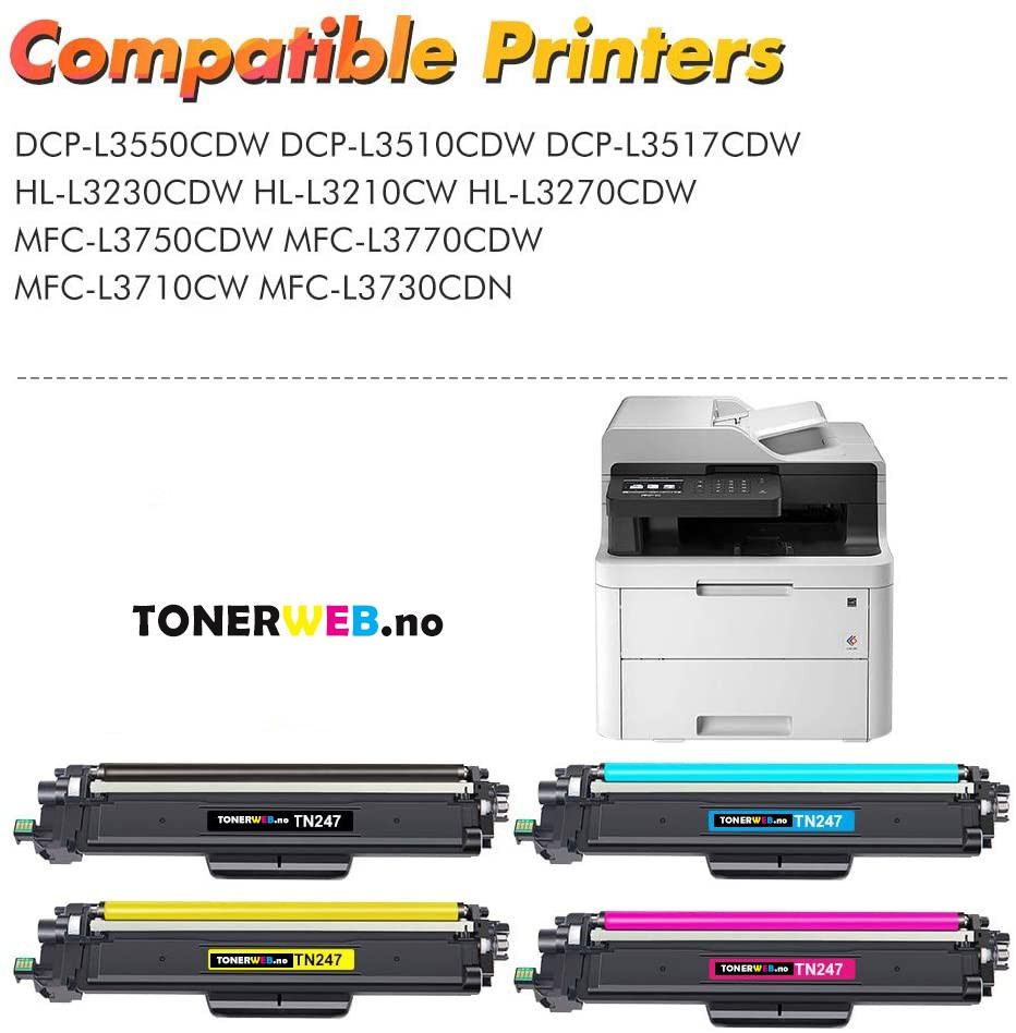 Tonerkassett, erstatter Brother TN247 CMYK BK/C/M/Y 4 stk (3000 sider sort, 2.300 sider fargene)