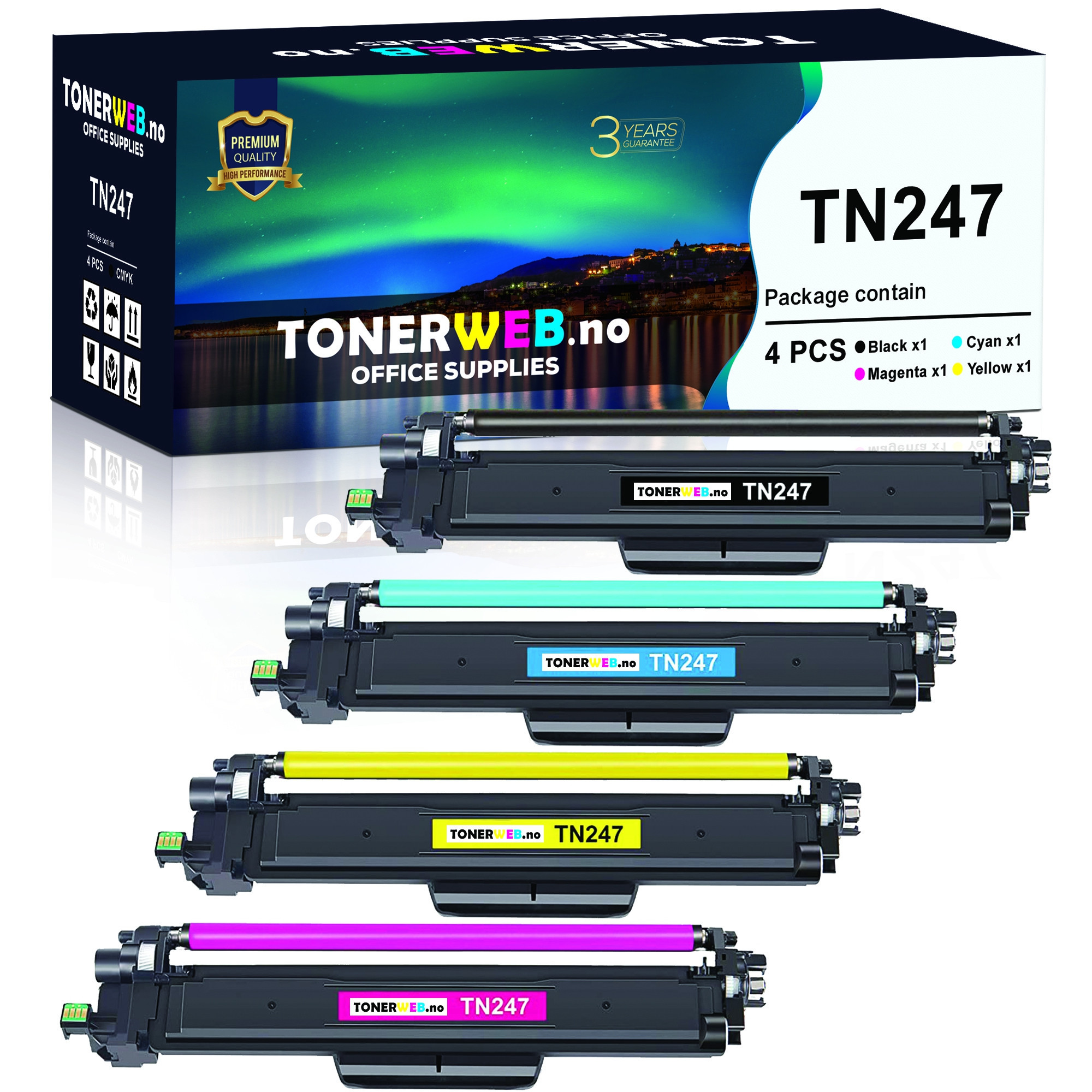 Tonerkassett, erstatter Brother TN247 CMYK BK/C/M/Y 4 stk (3000 sider sort, 2.300 sider fargene)