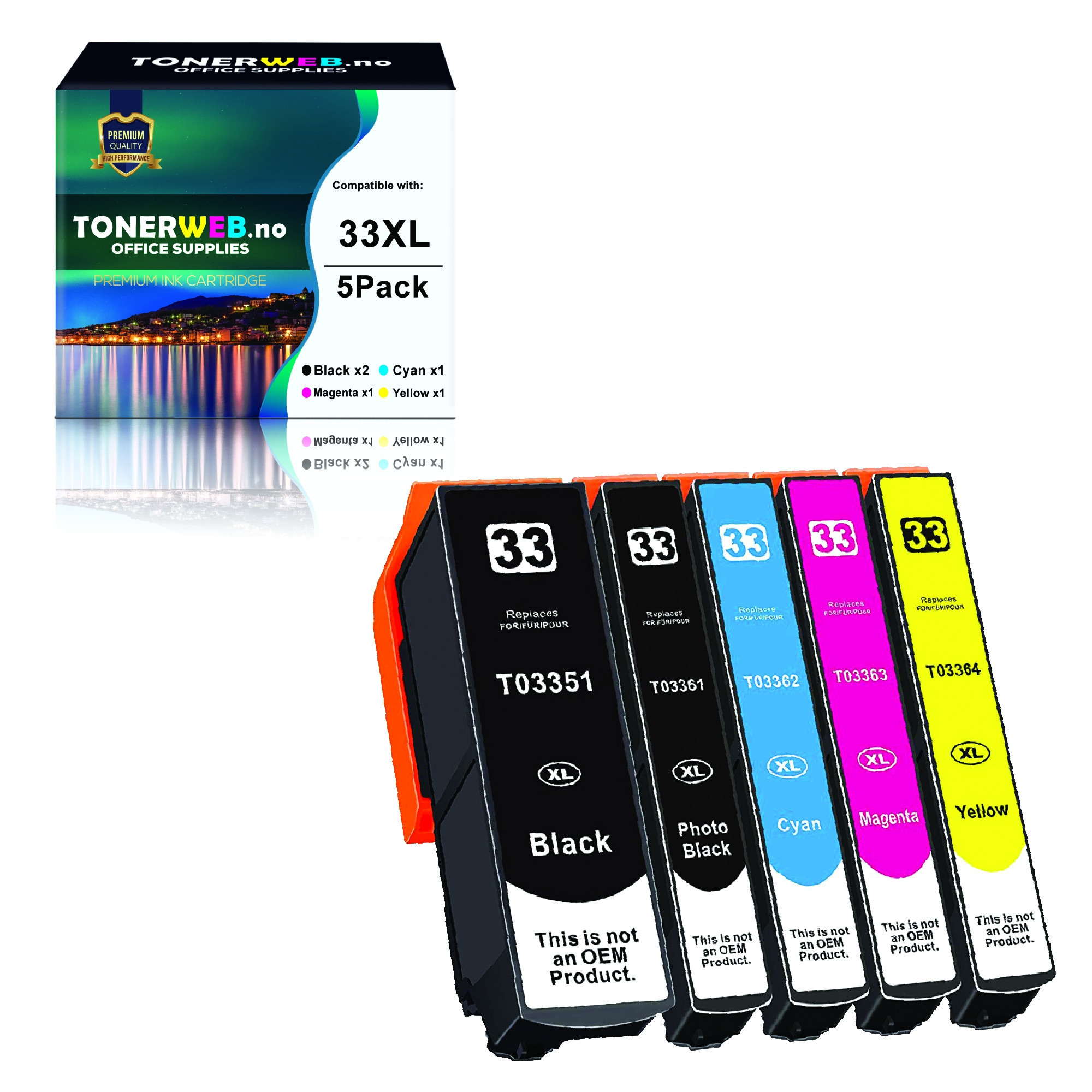 Epson 33XL BK/PBK/C/M/Y (svart/foto sort/cyan/magenta/gul) blekkpatroner 5-pakk 1 x 24,4 ml / 4 x 13,8 ml - kompatibel