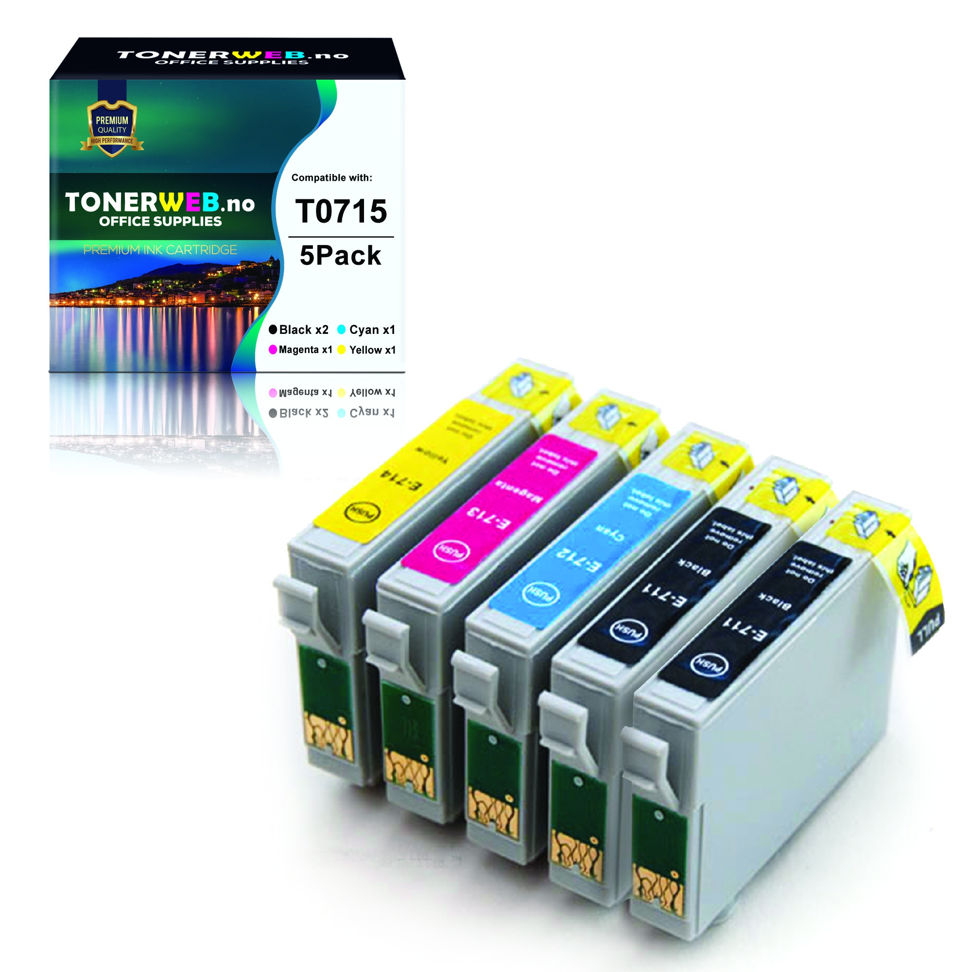 BildeEpson T0715 BK/C/M/Y (svart/cyan/magenta/gul) blekkpatroner 5-pakk 5 x 13 ml - kompatibel