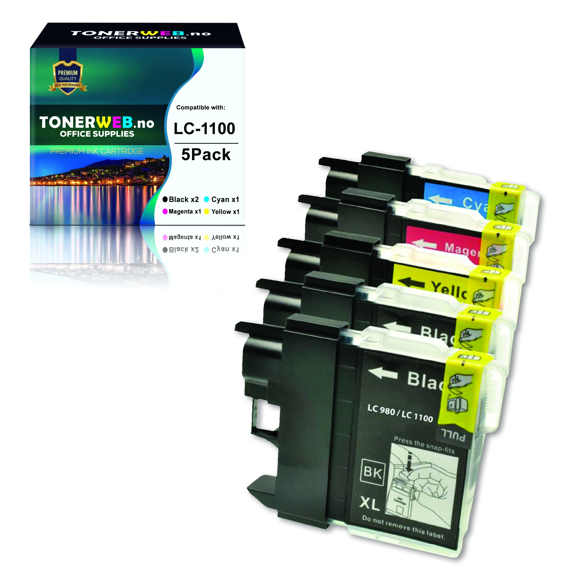 Brother LC1100 BK/BK/C/M/Y (svart/cyan/magenta/gul) blekkpatroner 5-pakk 2 x 14,6 ml / 3 x 10,6 ml - kompatibel