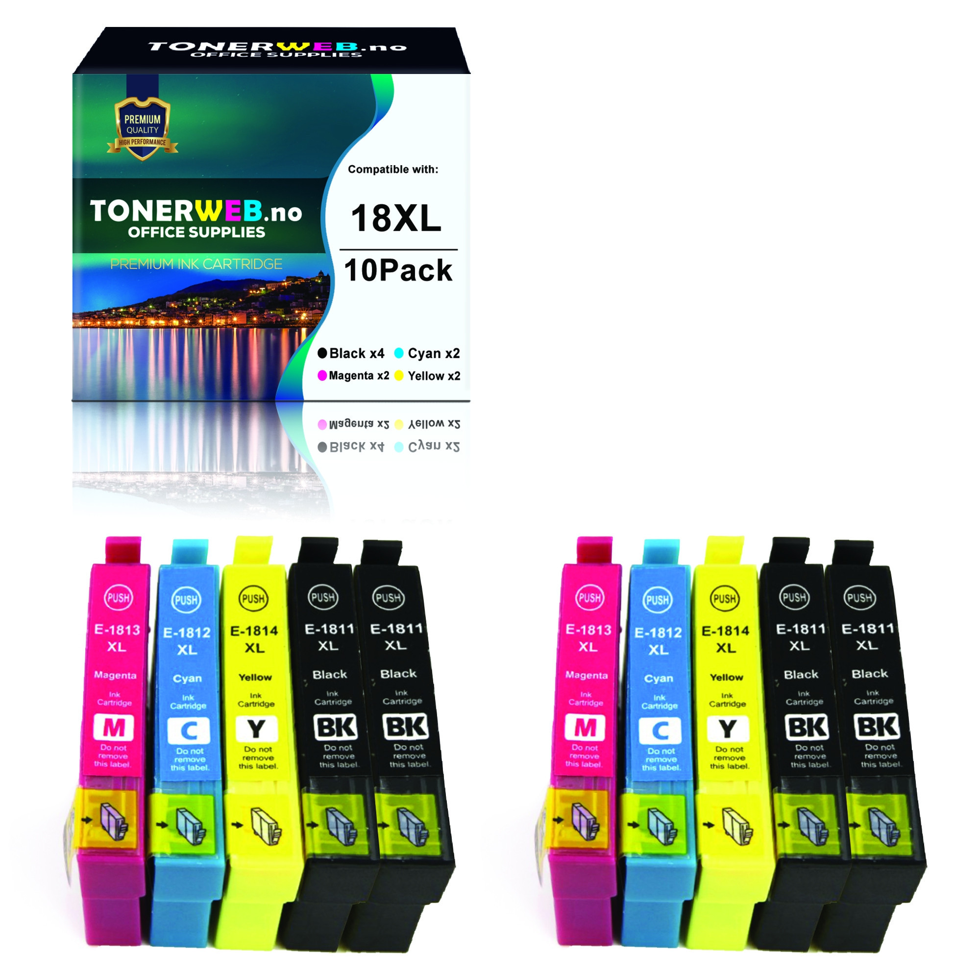 Epson 18XL BK/C/M/Y (svart/cyan/magenta/gul) blekkpatroner 10-pakk 4 x 17 ml / 6 x 13 ml - kompatibel