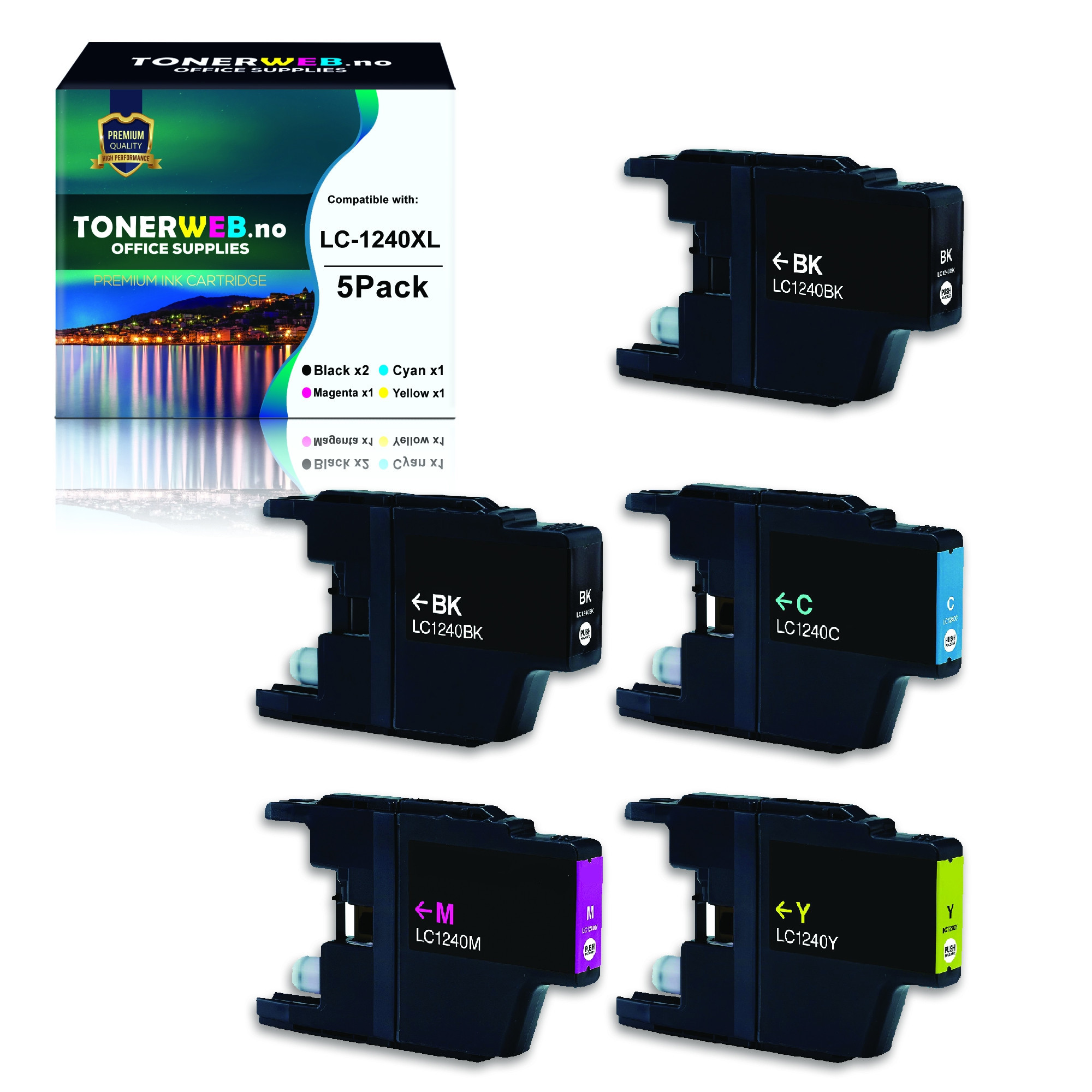BildeBrother LC1240 BK/BK/C/M/Y (svart/cyan/magenta/gul) blekkpatroner 5-pakk 2 x 32 ml/3 x 16 ml - kompatibel
