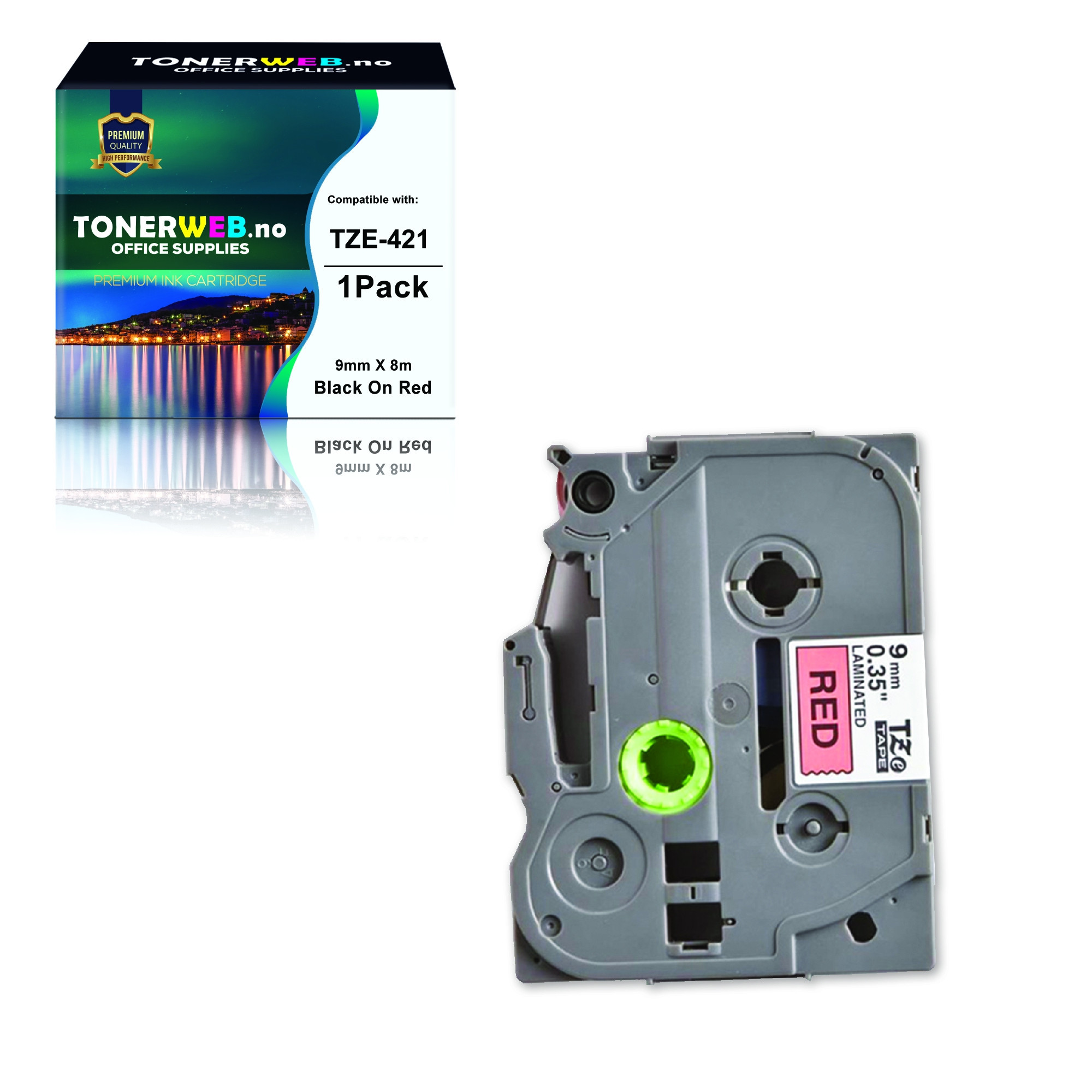 Brother Tape, erstatter Brother P-Touch TZE-421 Sort På Rød 9mm (8m) 