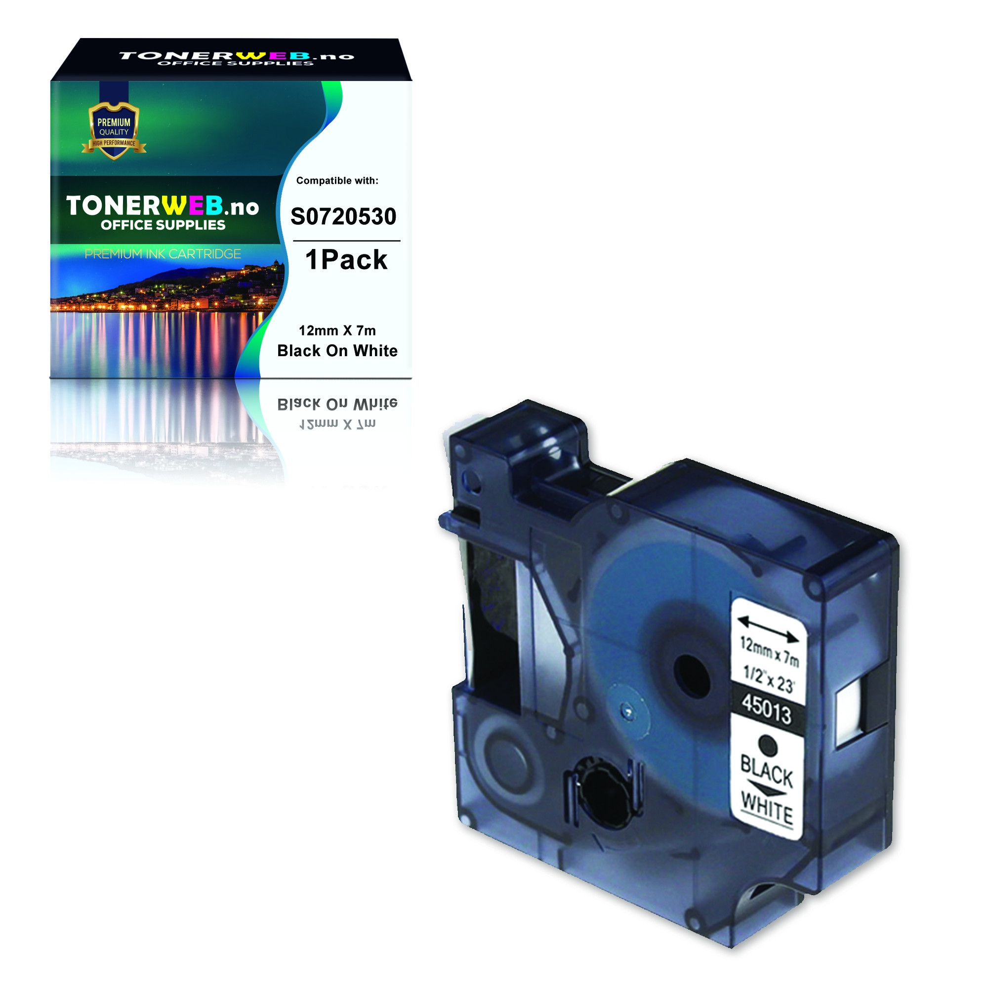 BildeDYMO Tape 45013  D1 Sort På Hvit 12mm X 7m  S0720530 - Erstatter 45013