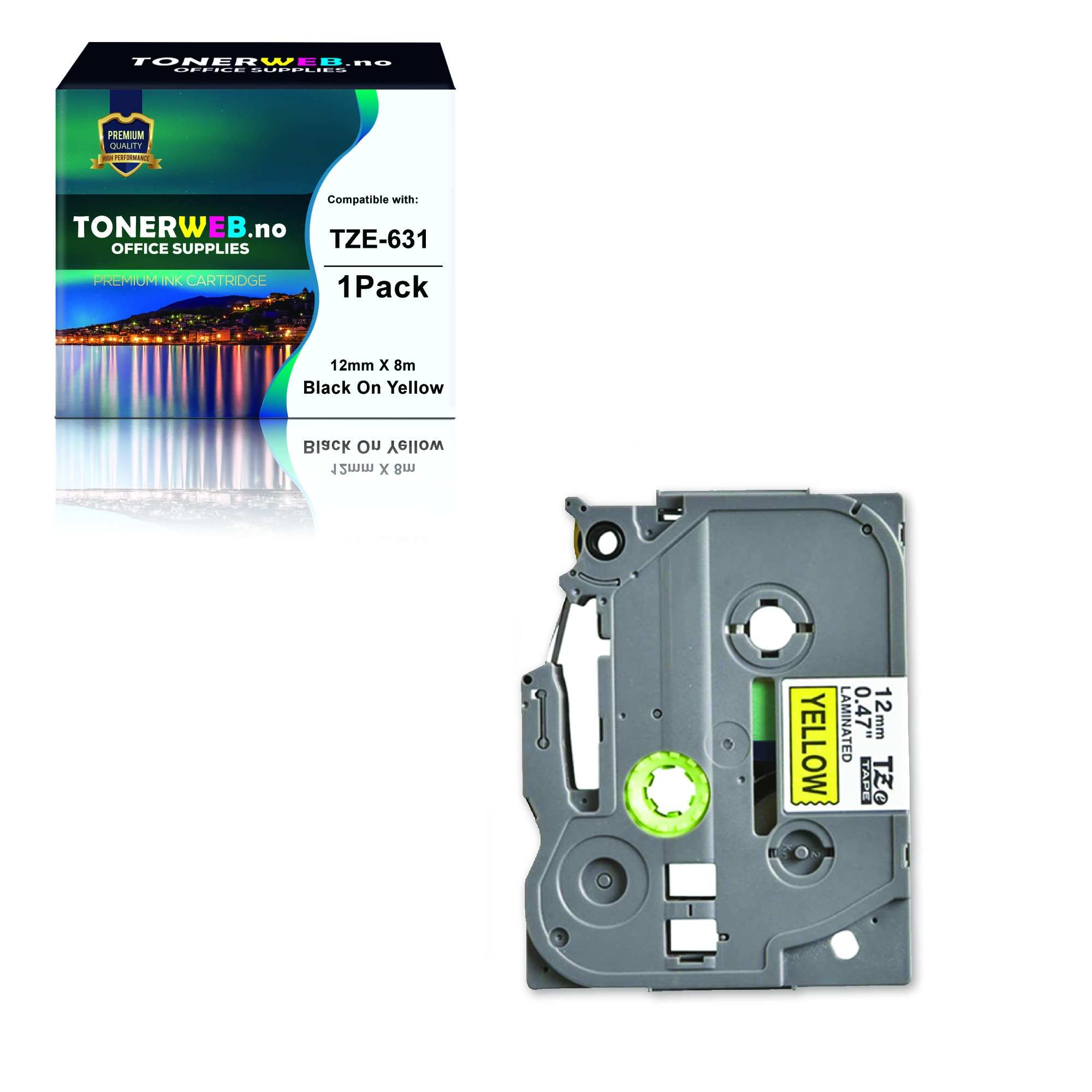 BildeBrother Tape, erstatter Brother P-Touch TZ-631 Sort På Gul 12mm (8m)