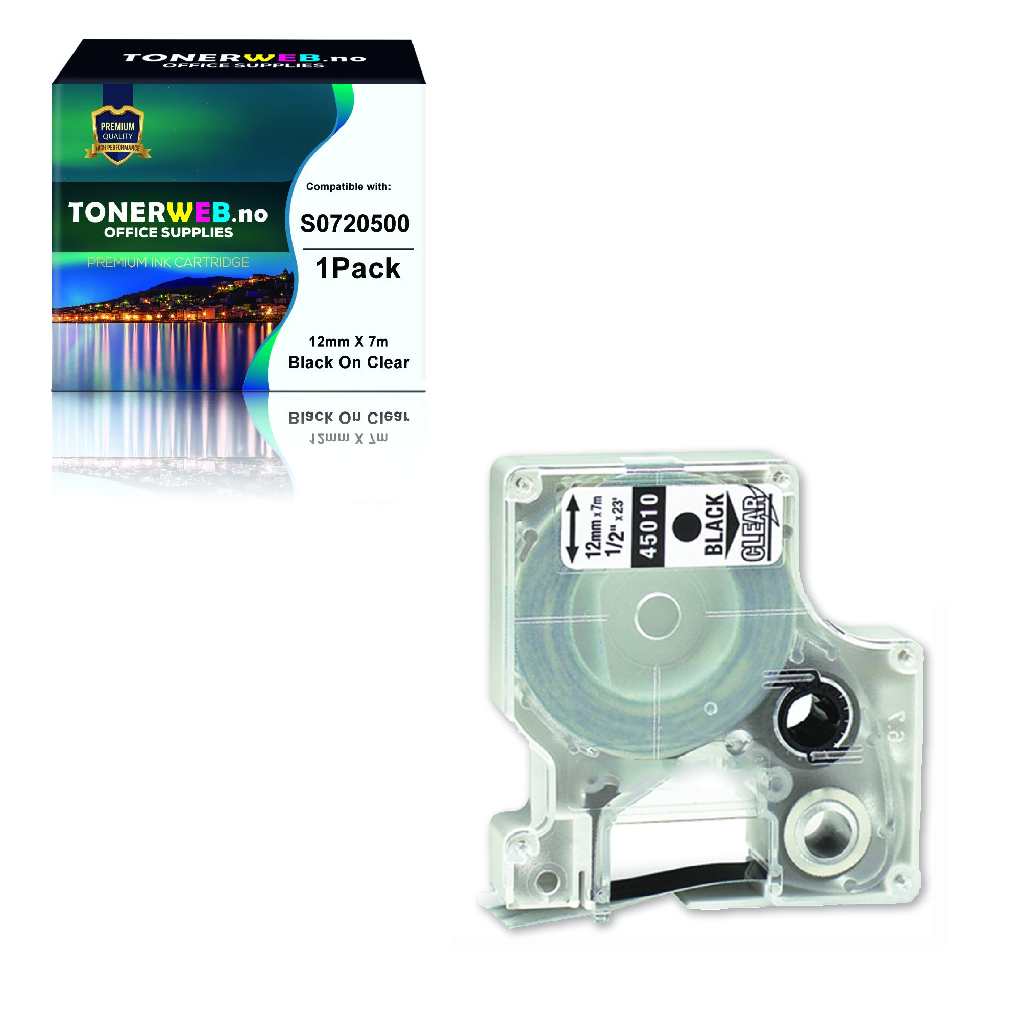 Dymo D1 svart på klart tape 12 mm x 7 m - kompatibel