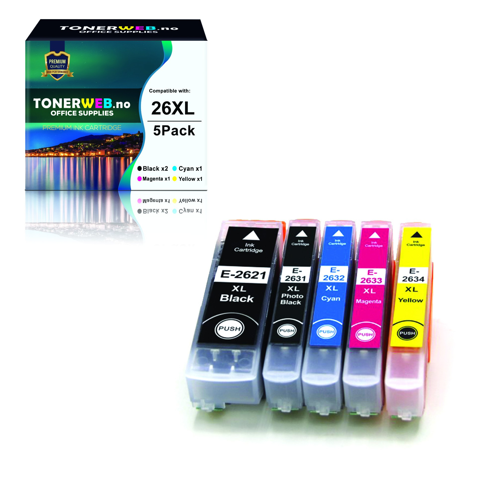 Epson 26XL BK/PBK/C/M/Y (svart/foto sort/cyan/magenta/gul) blekkpatroner 5-pakk 1 x 12,1 ml / 4 x 9,7 ml - kompatibel
