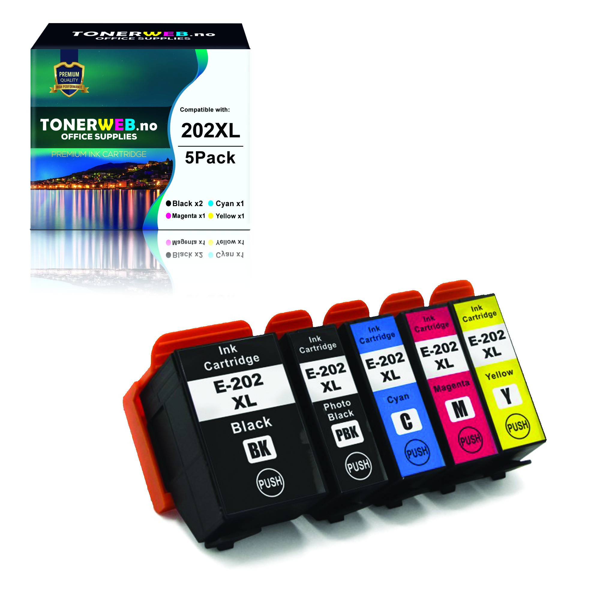 Epson 202XL BK/PBK/C/M/Y (svart/foto svart/cyan/magenta/gul) blekkpatroner 5-pakk 1 x 20 ml / 4 x 12 ml - kompatibel