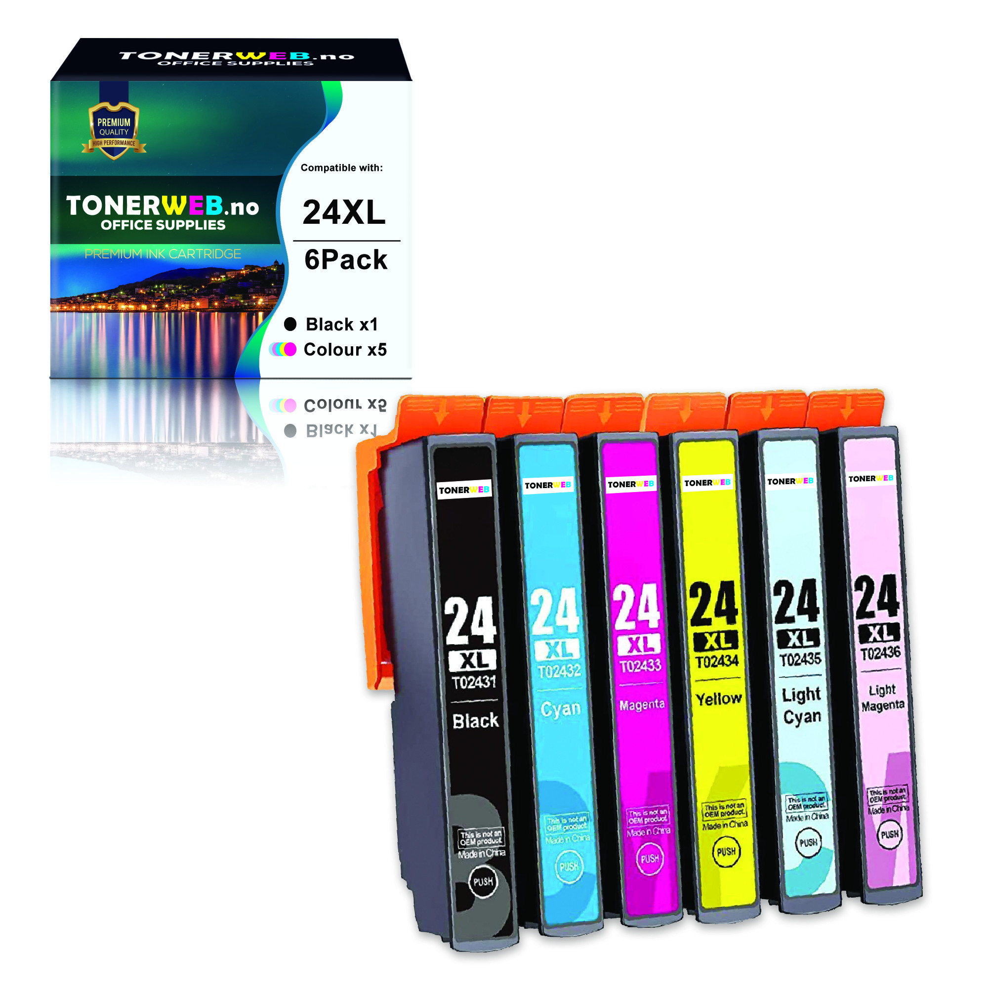 Epson 24XL BK/C/M/Y/LC/LM (svart/cyan/magenta/gul/lys cyan/lys magenta) blekkpatroner 6-pakk 1 x 10 ml / 3 x 8,7ml / 2 x 9,8 ml - kompatibel