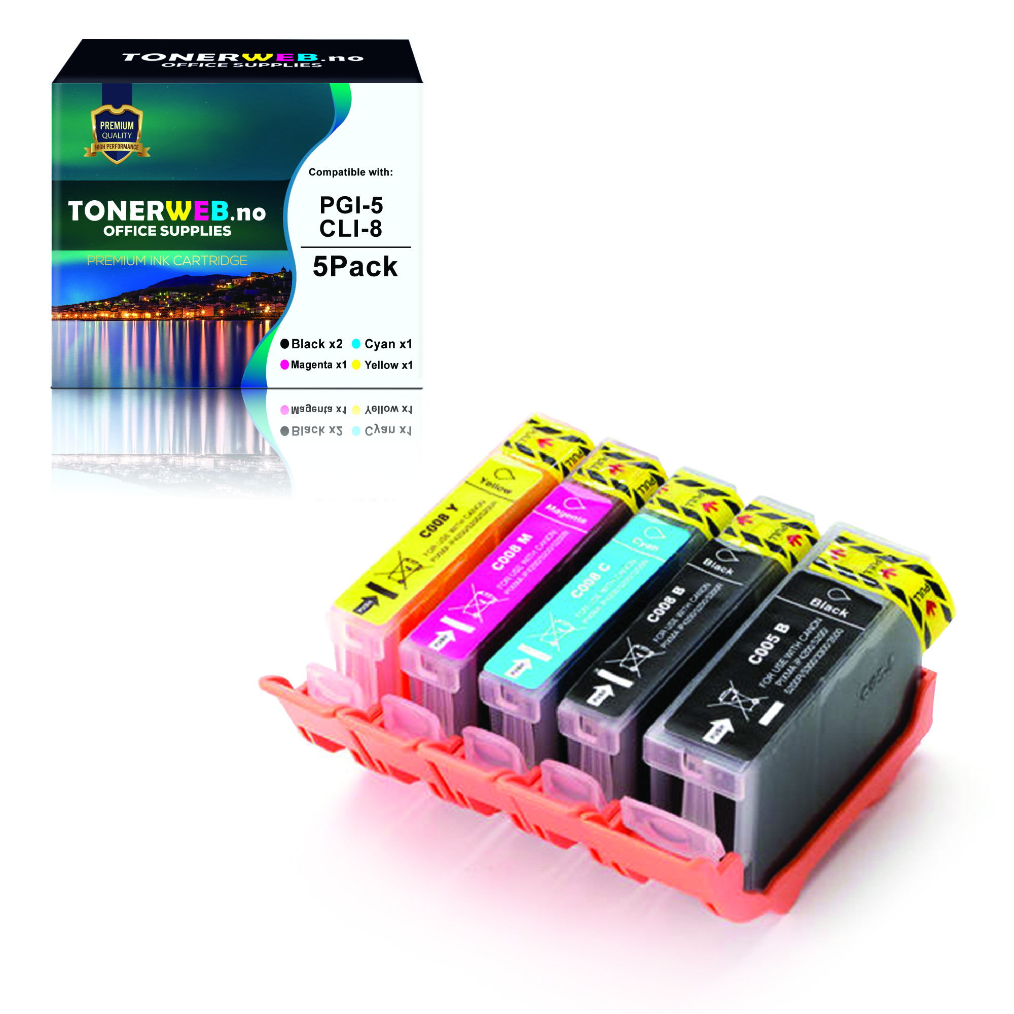 BildeCanon PGI-5 / CLI-8 BK/BK/C/M/Y (svart/cyan/magenta/gul) blekkpatroner 5-pakk 1 x 26,8 ml / 4 x 13,4 ml - kompatibel