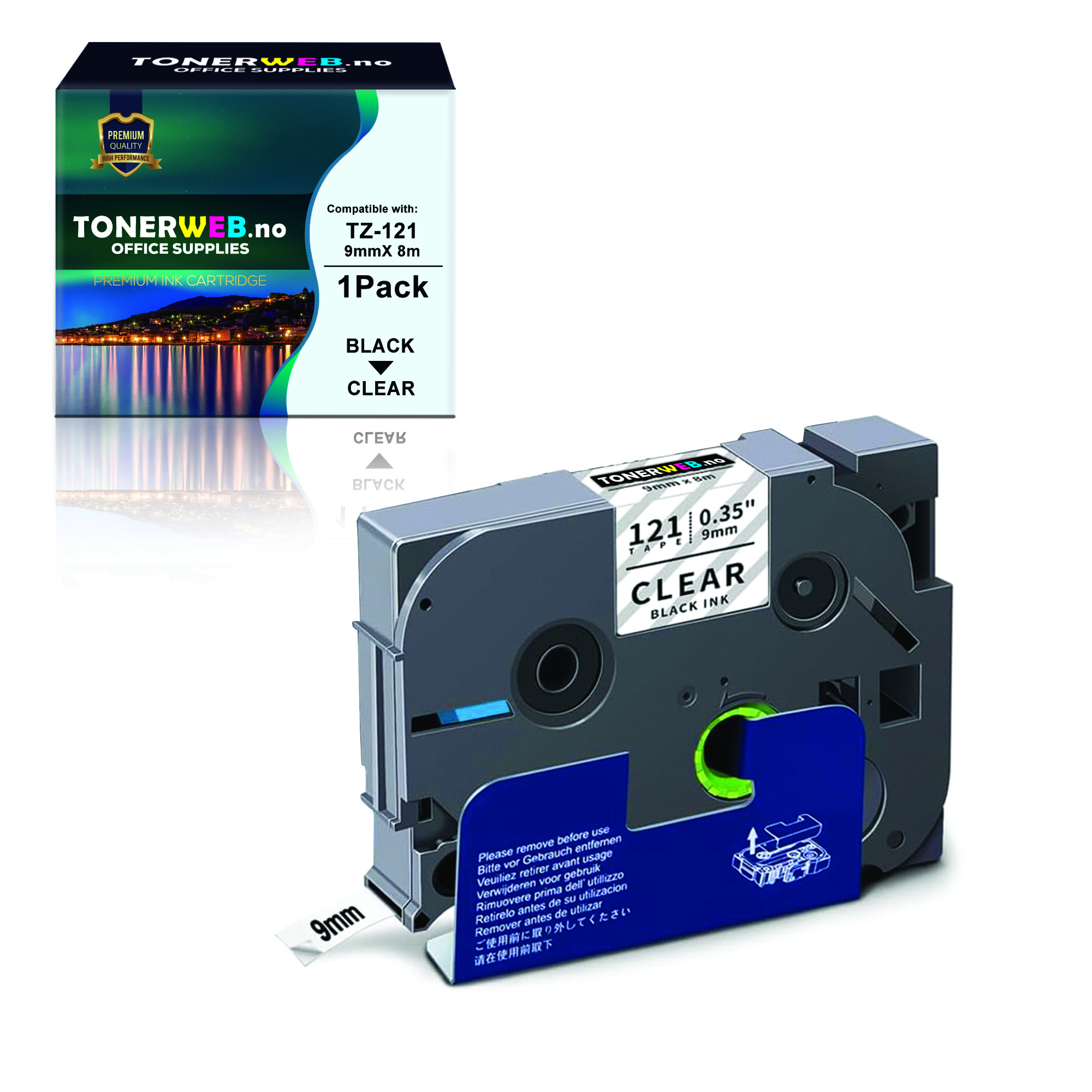 BildeBrother Tape, erstatter Brother P-Touch TZ-121 Sort På Klar 9mm (8m)